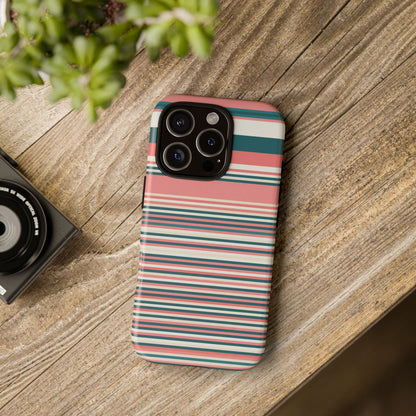 Striped Tough Phone Case — Coral, Teal & White Protective Cover