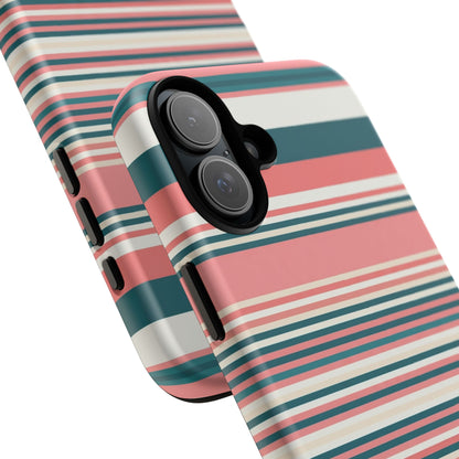 Striped Tough Phone Case — Coral, Teal & White Protective Cover