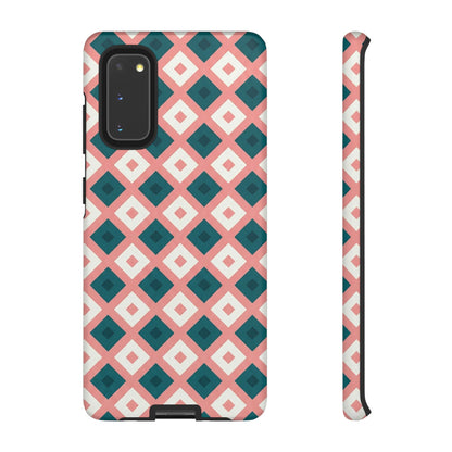 Geometric Diamond Pattern Tough Phone Case — Retro Pink & Teal Protective Cover