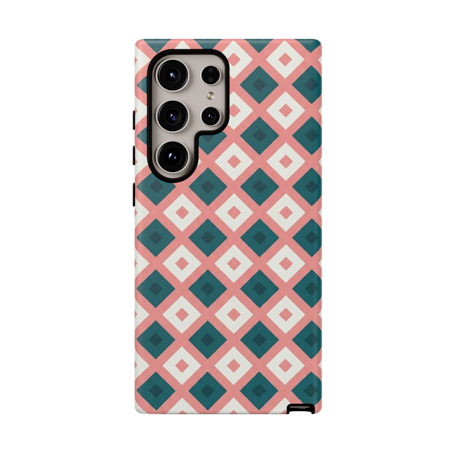 Geometric Diamond Pattern Tough Phone Case — Retro Pink & Teal Protective Cover