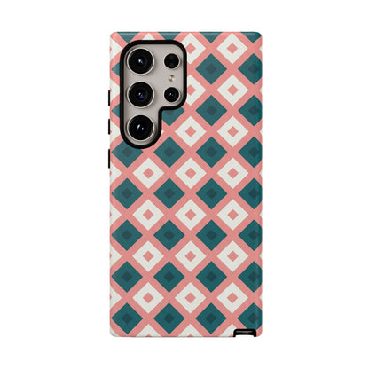 Geometric Diamond Pattern Tough Phone Case — Retro Pink & Teal Protective Cover