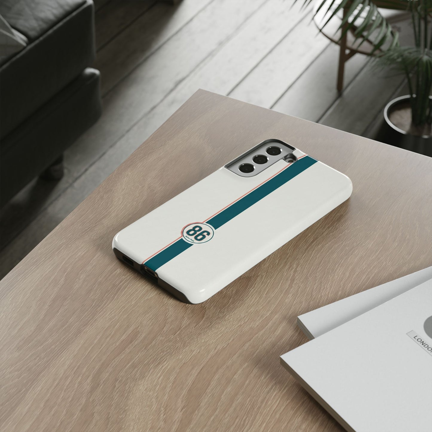 Racing Stripe Tough Phone Case — Retro White With '86 Circle Badge