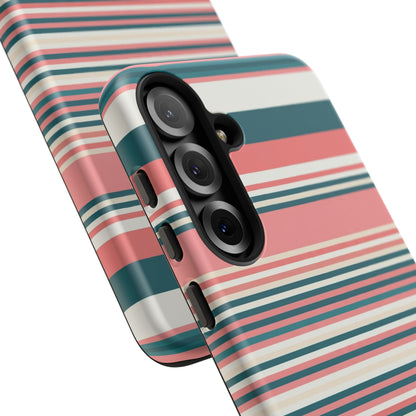 Striped Tough Phone Case — Coral, Teal & White Protective Cover