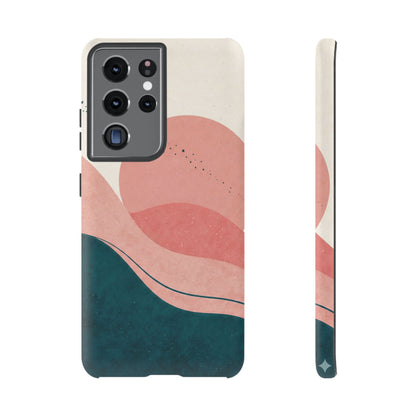 Abstract Sunset Waves Tough Phone Case — Pink & Teal Protective Cover