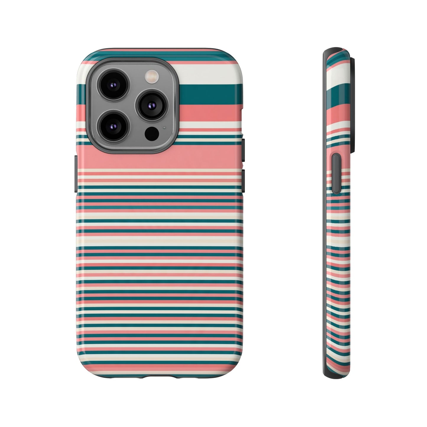 Striped Tough Phone Case — Coral, Teal & White Protective Cover