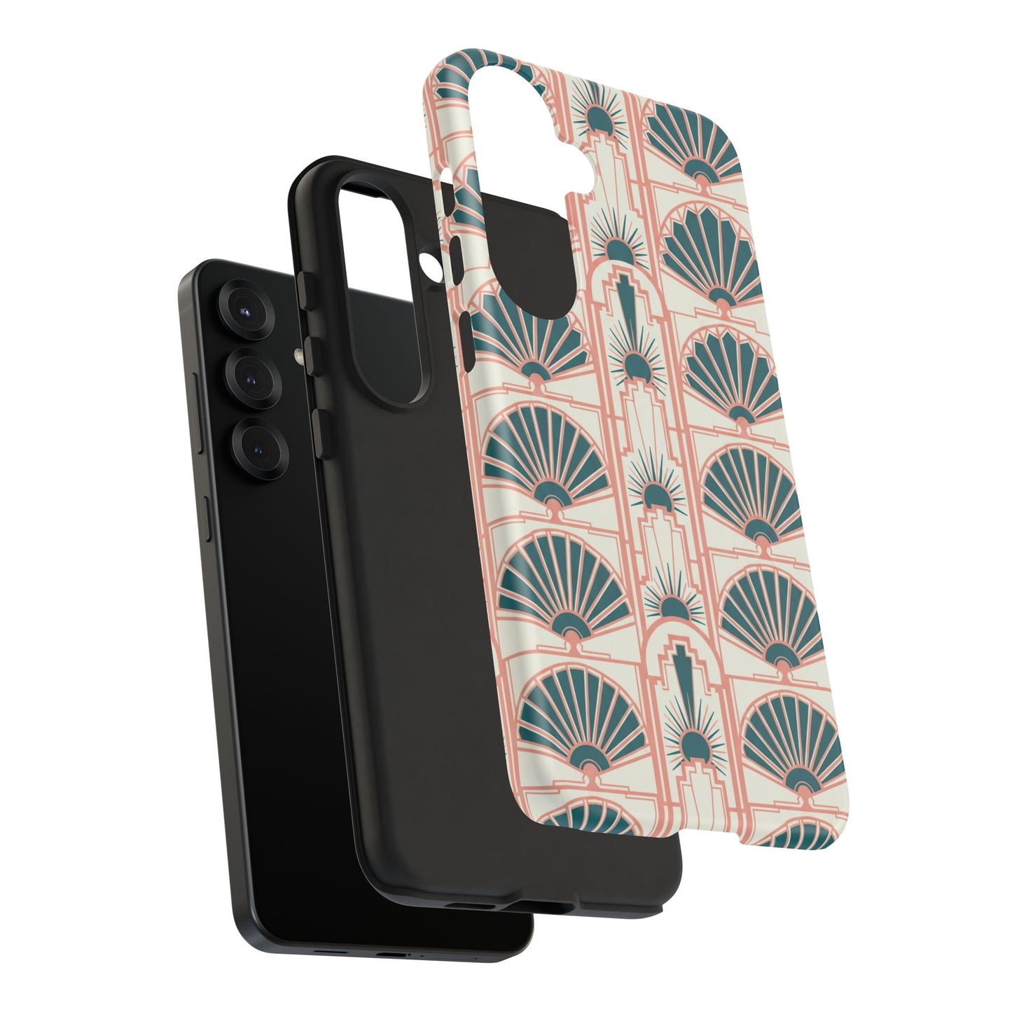 Art Deco Fan Pattern Tough Phone Case — Teal & Blush Retro Protection