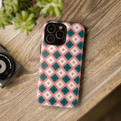 Geometric Diamond Pattern Tough Phone Case — Pink & Teal Protective Cover