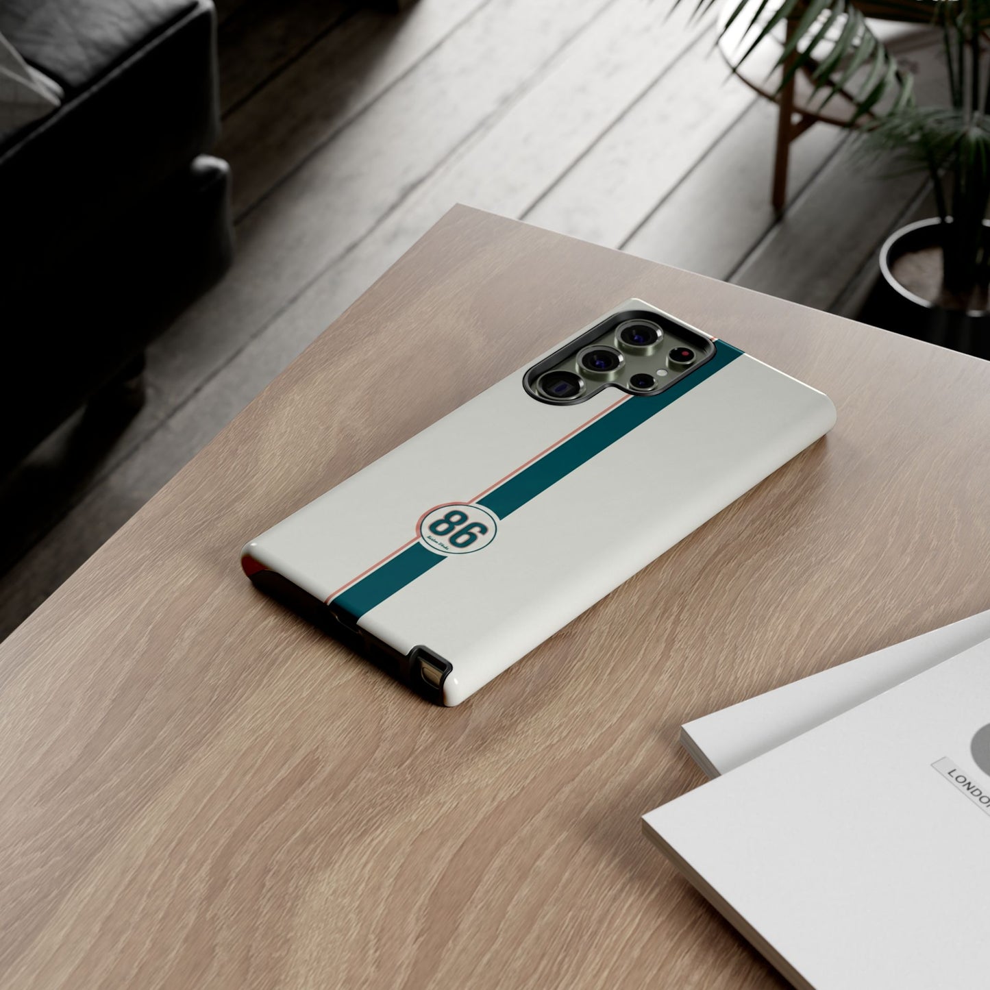 Racing Stripe Tough Phone Case — Retro White With '86 Circle Badge