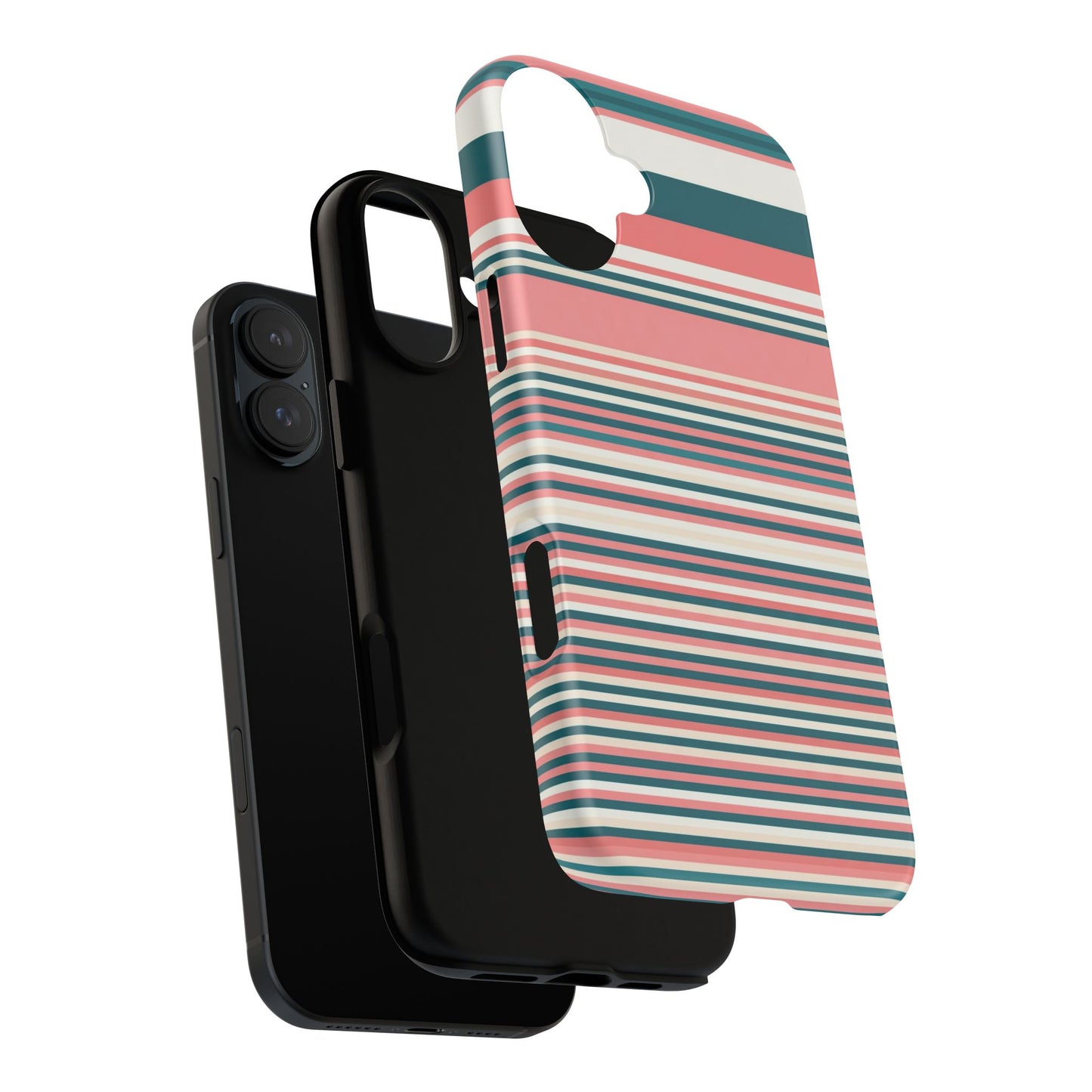 Striped Tough Phone Case — Coral, Teal & White Protective Cover