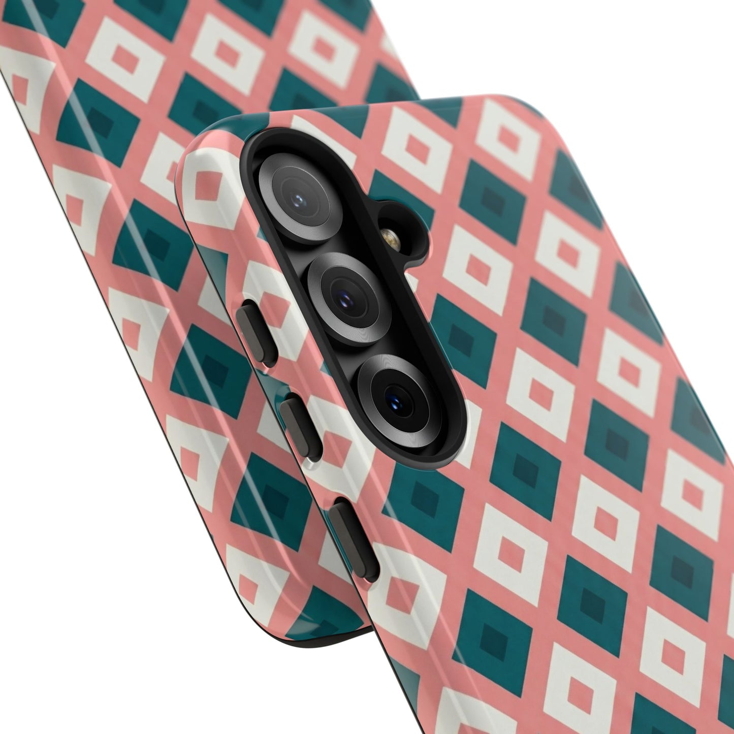 Geometric Diamond Pattern Tough Phone Case — Retro Pink & Teal Protective Cover