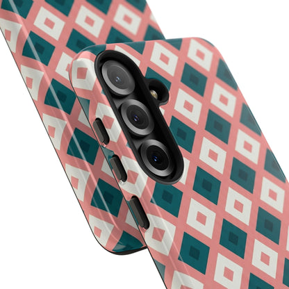 Geometric Diamond Pattern Tough Phone Case — Retro Pink & Teal Protective Cover