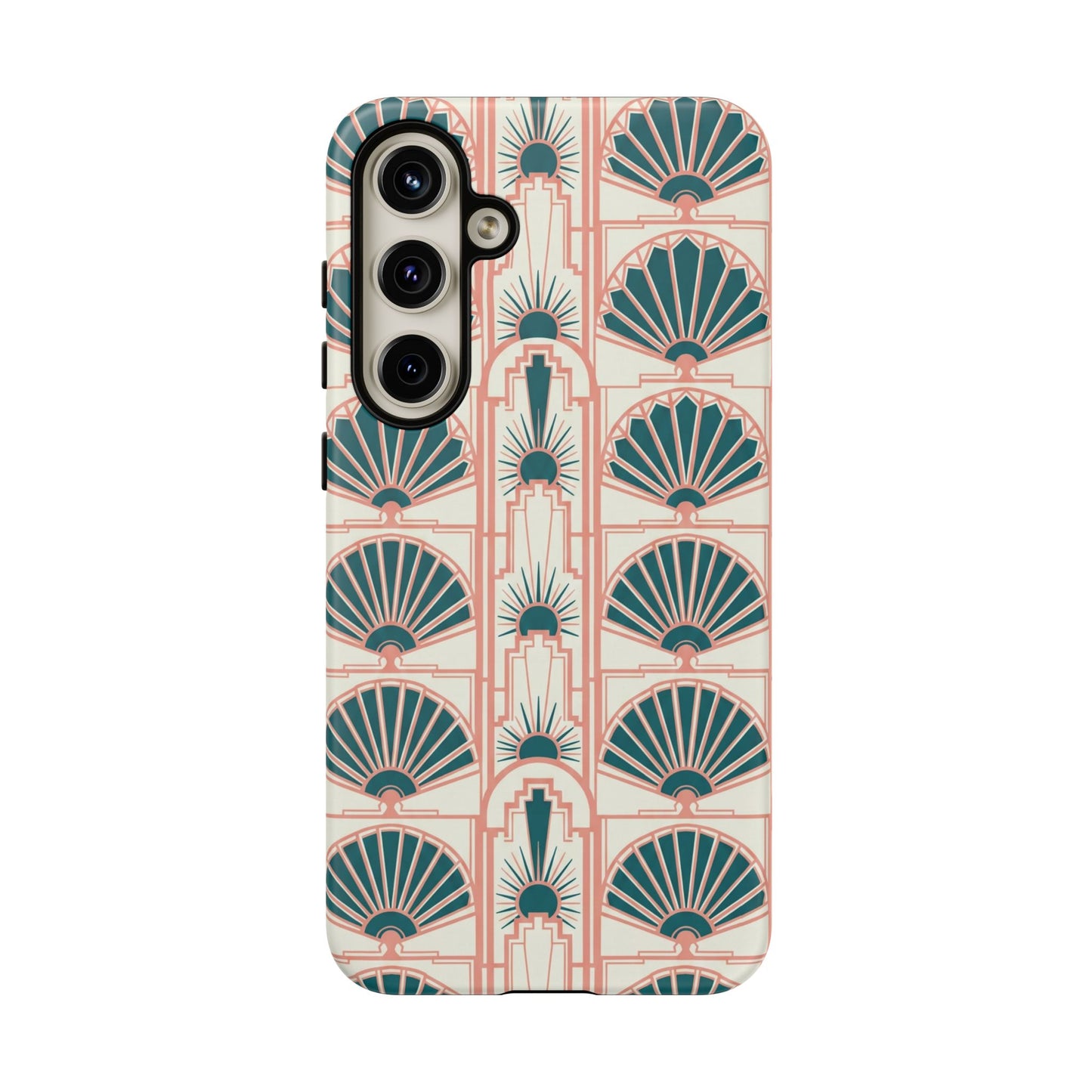 Art Deco Fan Pattern Tough Phone Case — Teal & Blush Retro Protection