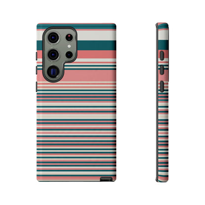 Striped Tough Phone Case — Coral, Teal & White Protective Cover